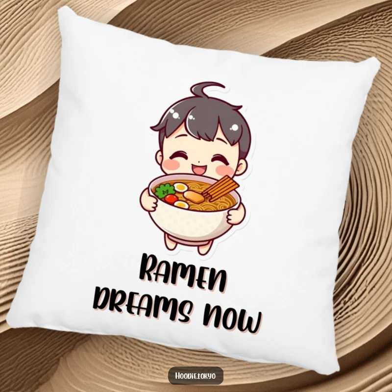 Funny cheerful ramen character pillow, smiling and offering a bowl of ramen.
