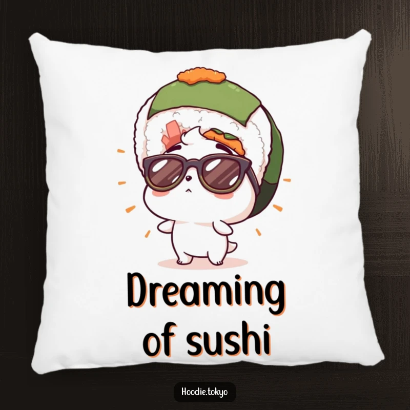 Funny decorative pillow featuring a character in cool sunglasses, looking up in shock at a giant sushi roll, offering comfort and a humorous touch.
