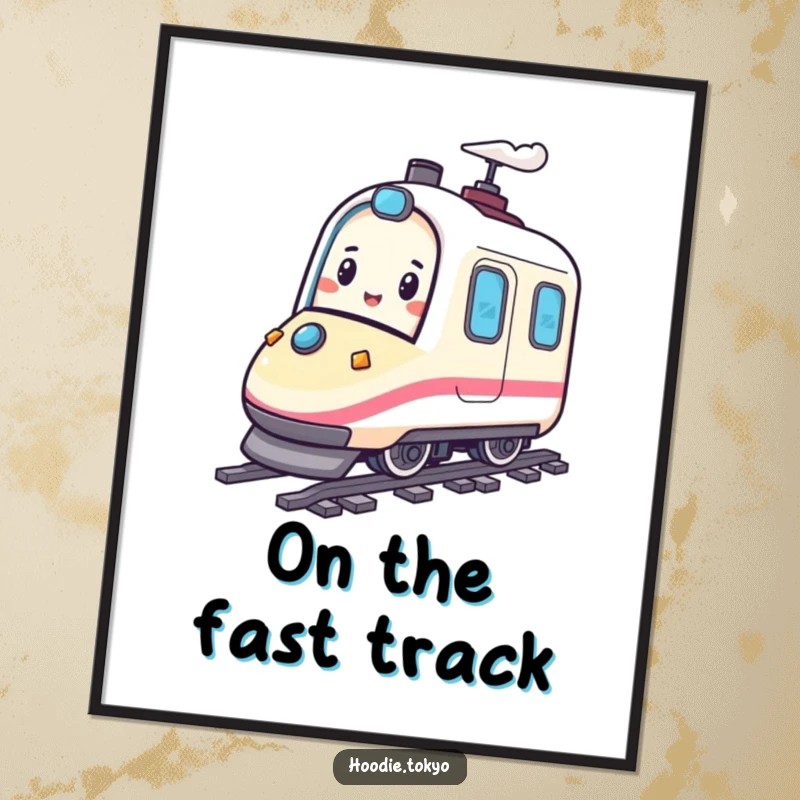 Funny digital art print of a happy character playfully bouncing on a miniature bullet train, offering instant dynamic and fun decor.