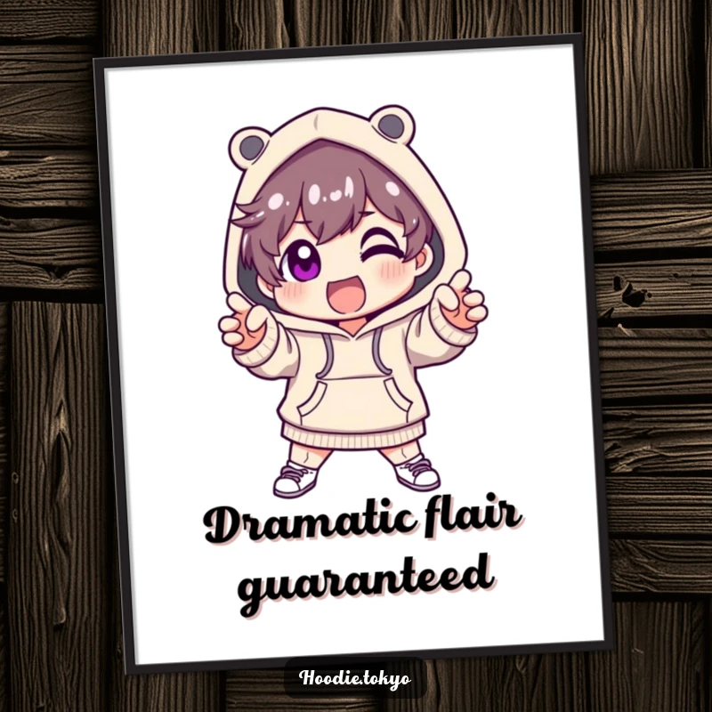 Funny digital art print of a cute character in a fashionable hoodie, striking a dramatic and excited pose.