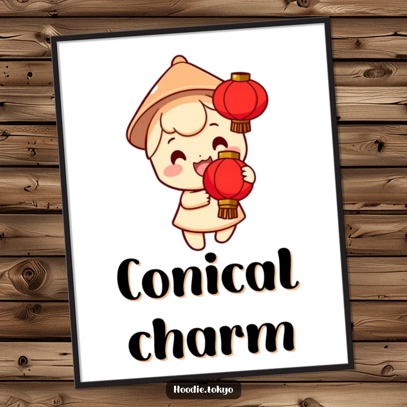 Funny digital art print of a smiling character in a small conical hat holding a bright red lantern, offering instant festive decor.