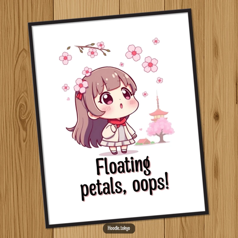 Funny surprised Tokyo character digital art print, capturing a moment of awe amid cherry blossoms.