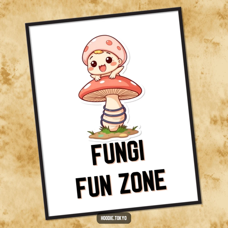 Funny digital art print of a character with a wide grin gleefully bouncing on a huge, springy mushroom, conveying energetic humor.