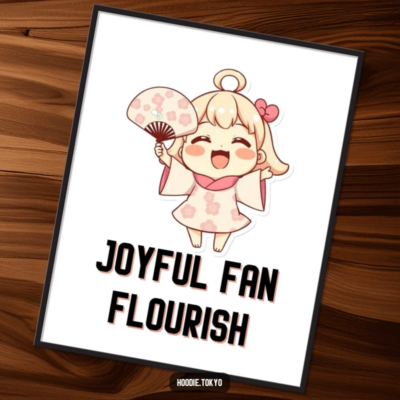 Funny Blooming Fan Digital Art Print: A joyful character energetically waving a fan adorned with blooming flowers, creating cheerful and vibrant wall art.