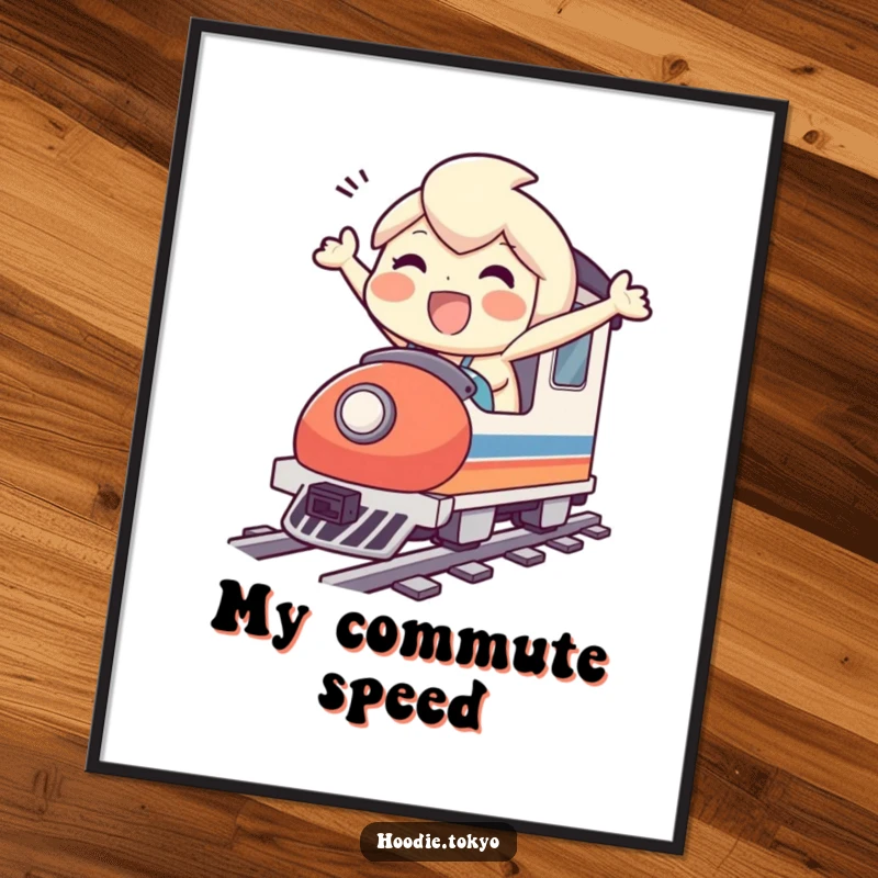 Funny digital art print of a character's ecstatic bullet train journey, ready to bring instant humor and vibrancy to any screen.