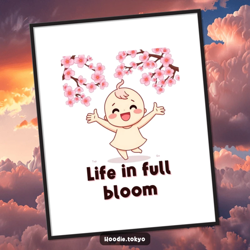 Funny digital art print of a character performing an ecstatic dance under blooming cherry blossom trees, perfect for framing.