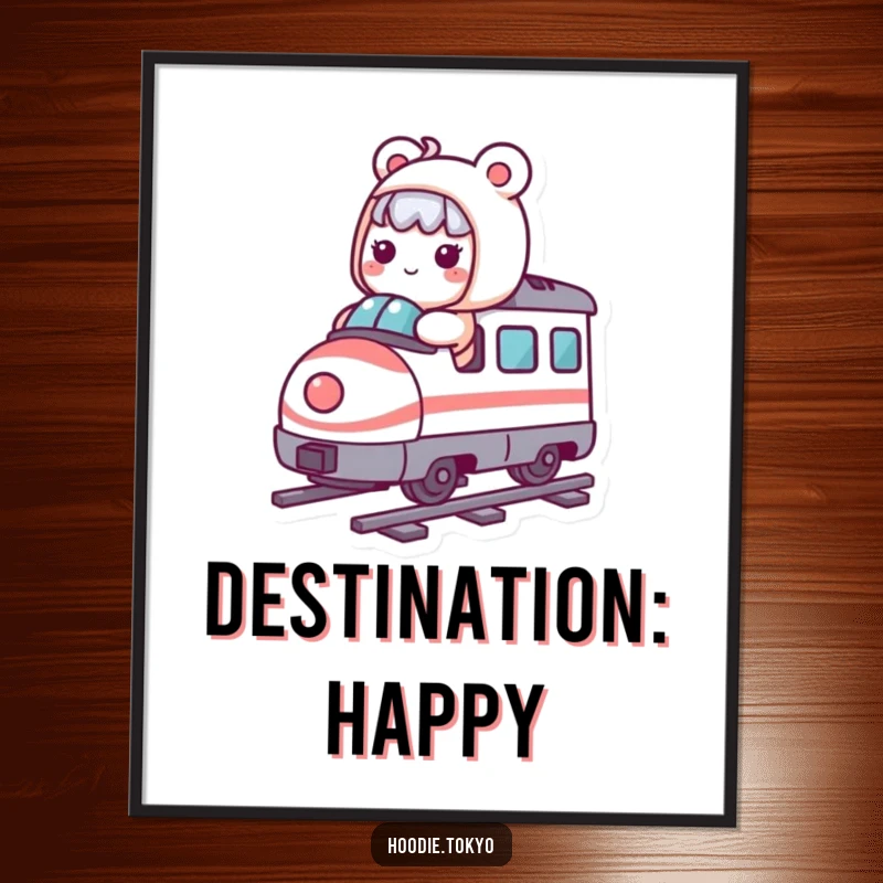 Funny Kawaii character riding a whimsical, miniature bullet train, available as a humorous and delightful digital art print.