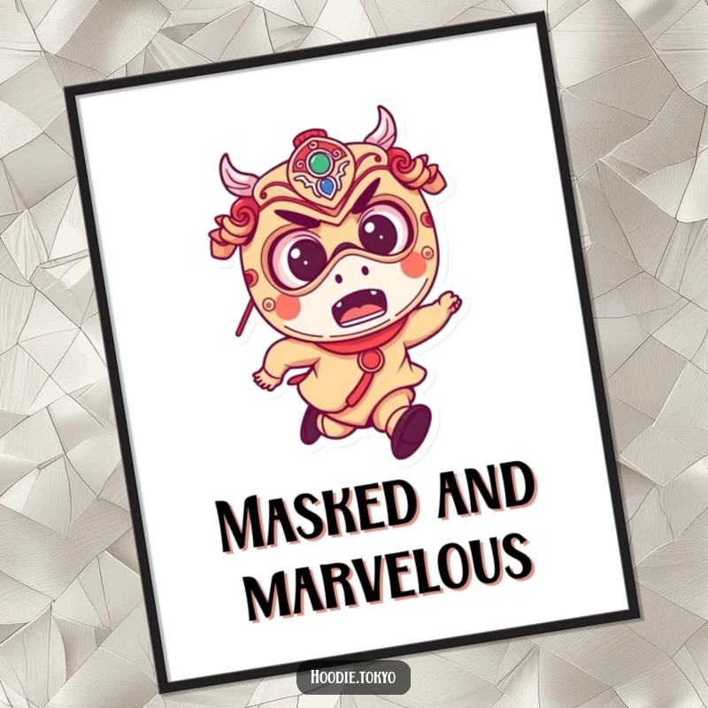 Funny digital art print of a mischievous character with excited eyes, wearing a Japanese festival mask and running.