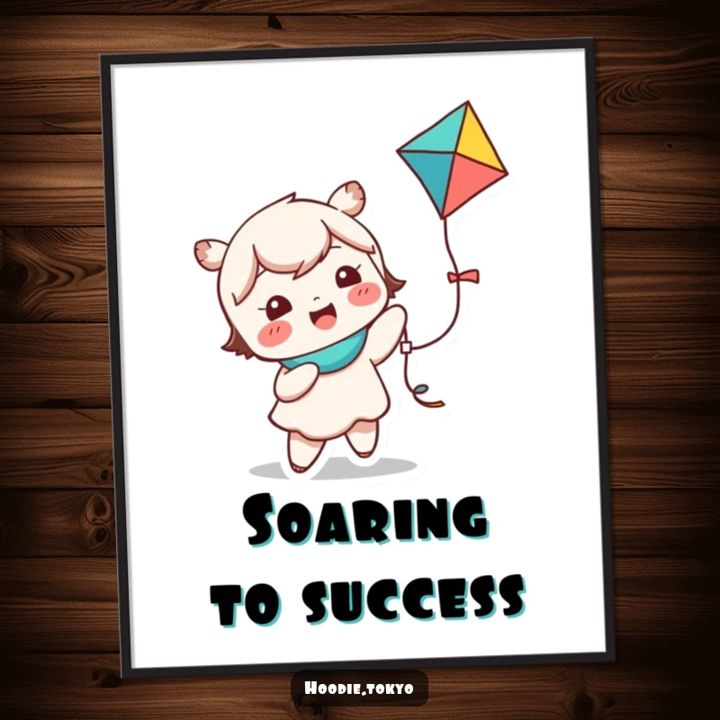 Funny kawaii character digital art print of a cute character giggling while holding a colorful kite, ready for instant download.