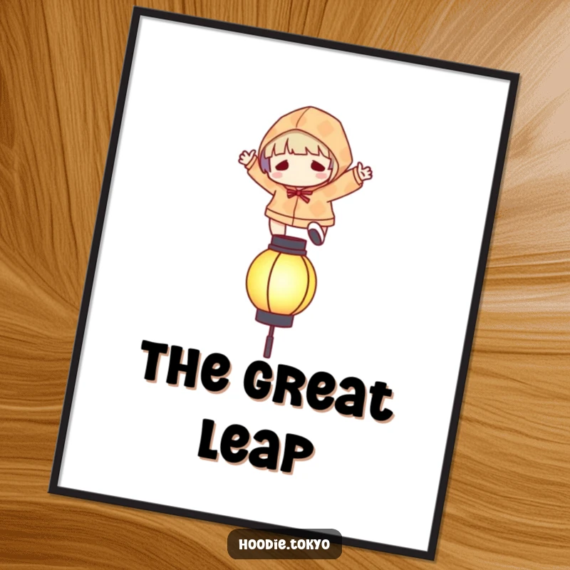 Funny digital art print of a character in a patterned hoodie leaping over a stylized, glowing lantern.