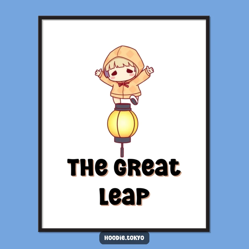 Funny Leaping Character Digital Art: Patterned Hoodie Over Lantern