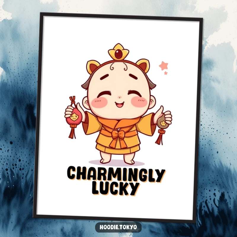 Funny digital art print of a playful character with a cheeky grin, juggling colorful omamori charms, ideal for lucky decor.