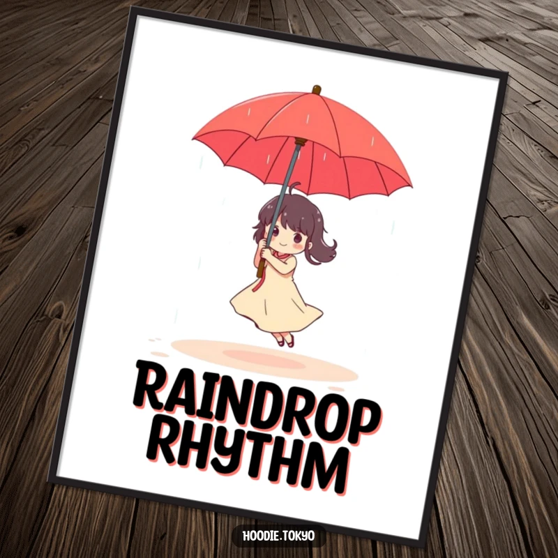 Funny Digital Art Print: Character joyfully dances in a gentle rain, holding a bright red umbrella, capturing happiness.
