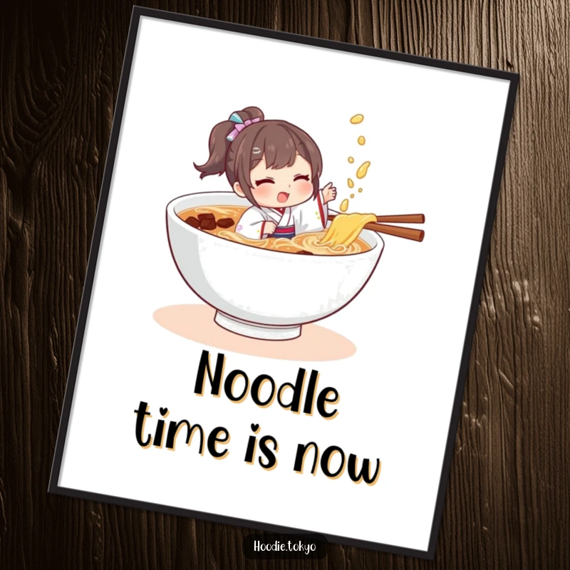 Funny character in a tiny kimono playfully splashing in a bowl of ramen, a humorous and vibrant digital art print.