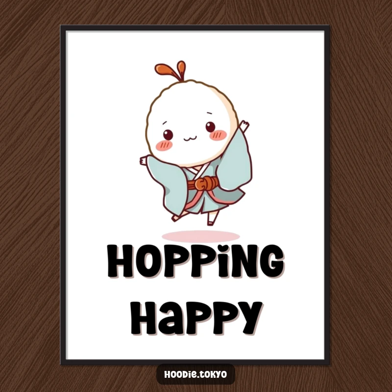 Funny Rice Ball Kimono Digital Art Print: High-resolution artwork of a tiny rice ball character in a kimono hopping, perfect for instant wall decor.