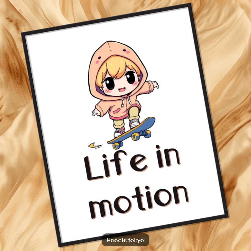 Funny digital art print of a character in a bright hoodie, smiling with deep concentration while skateboarding fast, perfect for decor.