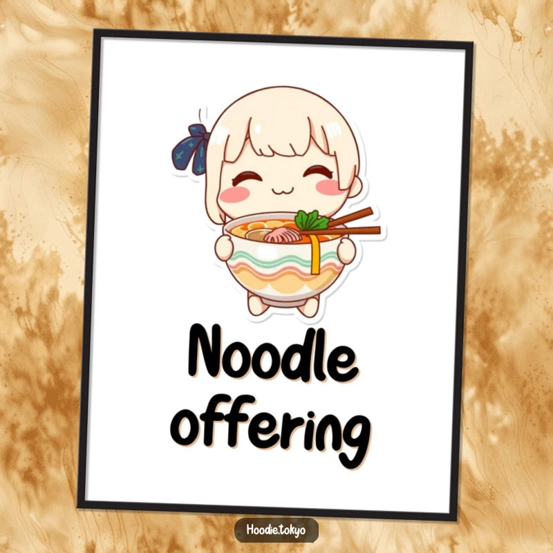Funny cheerful character offering a steaming bowl of ramen with a warm smile, printable art for food enthusiasts.