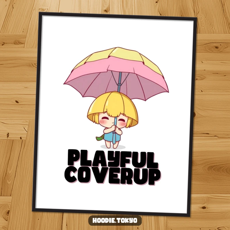 Funny digital art print of a character playfully hiding behind a massive, cartoonish umbrella, conveying whimsical humor.