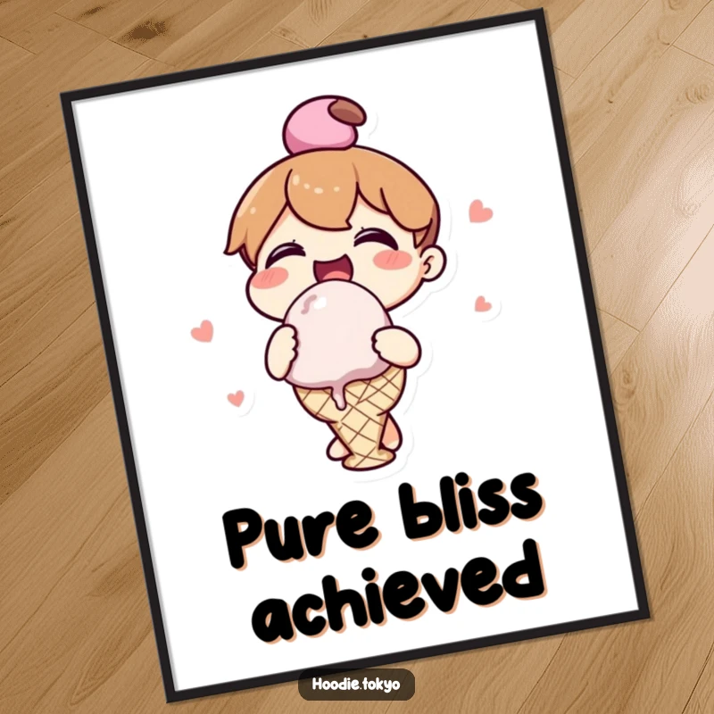 Funny kawaii character digital art print of a cheerful character gleefully eating a giant ice cream scoop, ready for download.