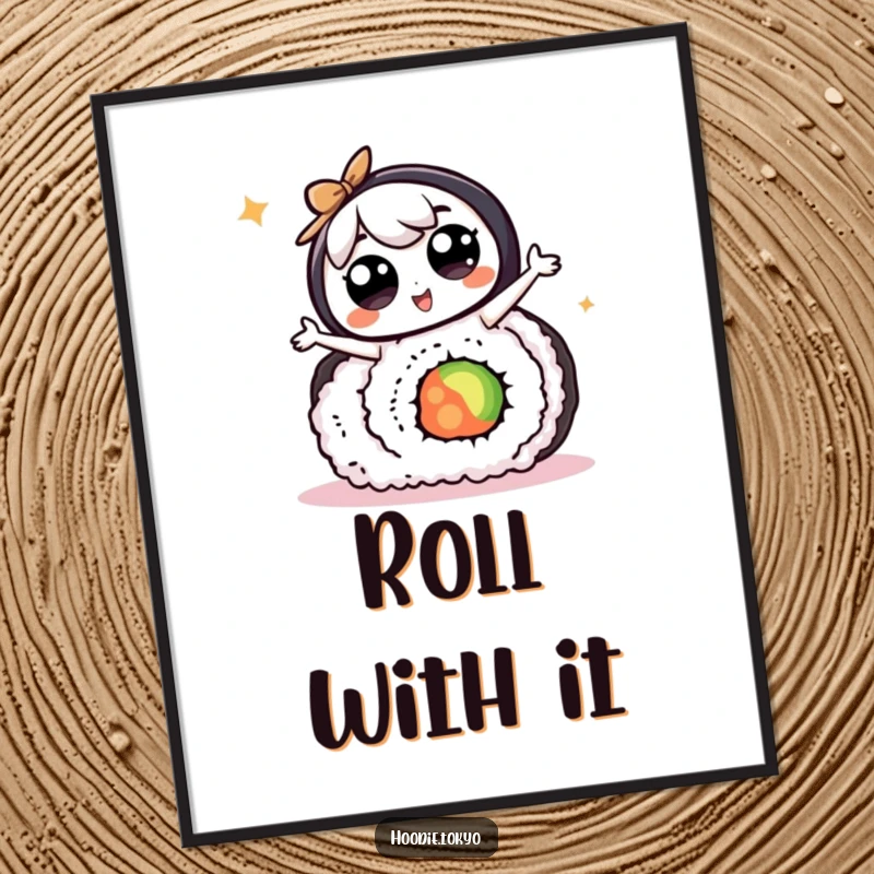 Funny kawaii character with big eyes doing a silly dance on a giant sushi roll, a hilarious and vibrant digital art print.