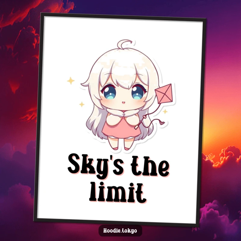 Funny Digital Print of a Character with Sparkling Eyes Holding a Whimsical Kite, Perfect for Inspiring Wonder