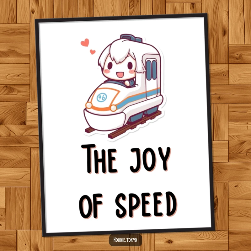 Funny bullet train digital art print showing a determined character joyfully riding a miniature bullet train, perfect for wall decor.