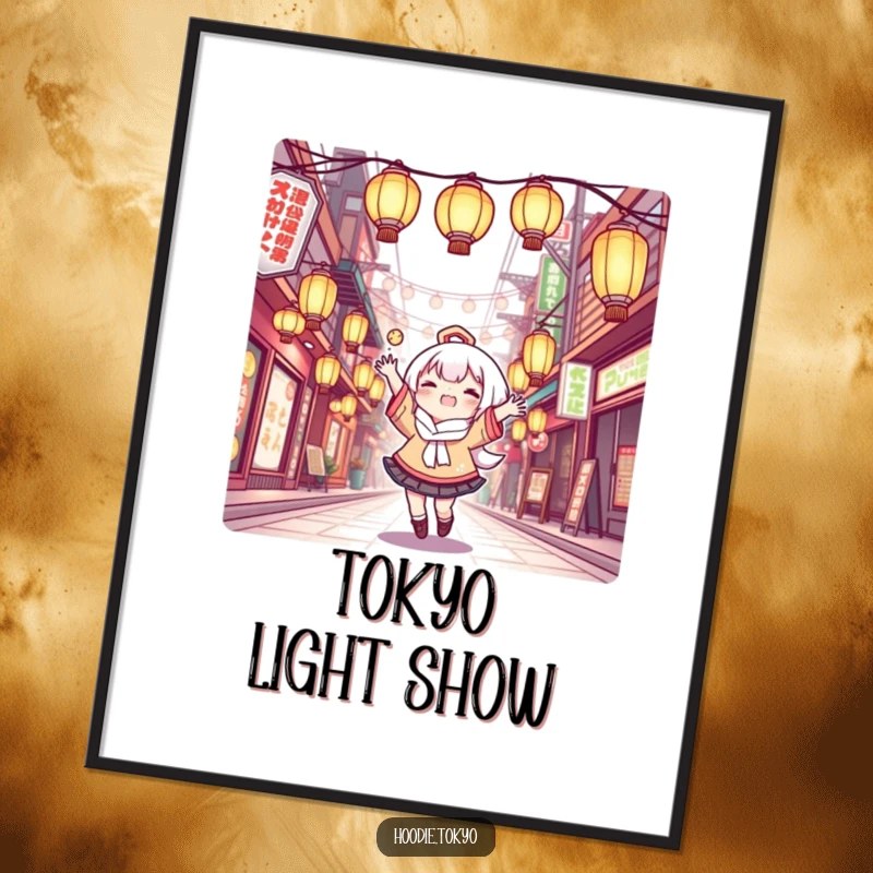 Funny Digital Art: Kawaii character joyfully juggling glowing lanterns in a Tokyo street, charming and humorous printable artwork.