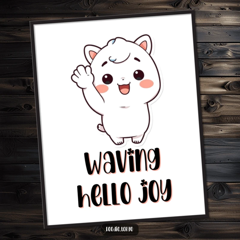 Funny Kawaii character with a big smile giving a cheerful wave, presented as a high-resolution digital art print for happy decor.