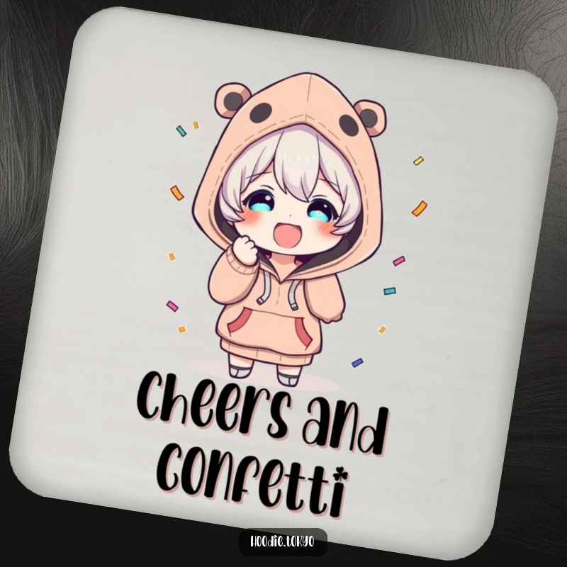 Funny drink coaster with a character in a unique hoodie, looking delighted while throwing a stream of confetti, offering festive protection.