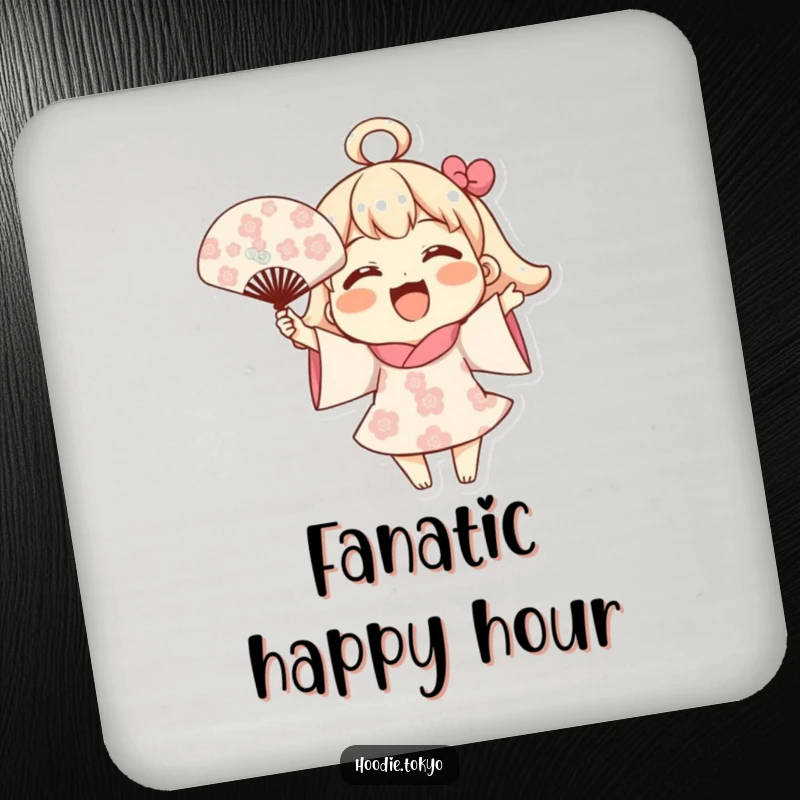 Funny Blooming Fan Coaster: A joyful character waving a fan with blooming flowers, protecting your furniture with a cheerful floral touch.