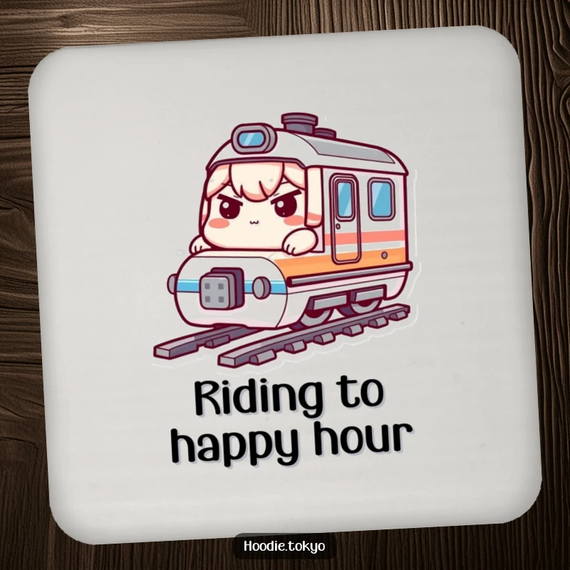Funny bullet train kawaii coasters showing a determined character on a tiny train, suitable funny gift.