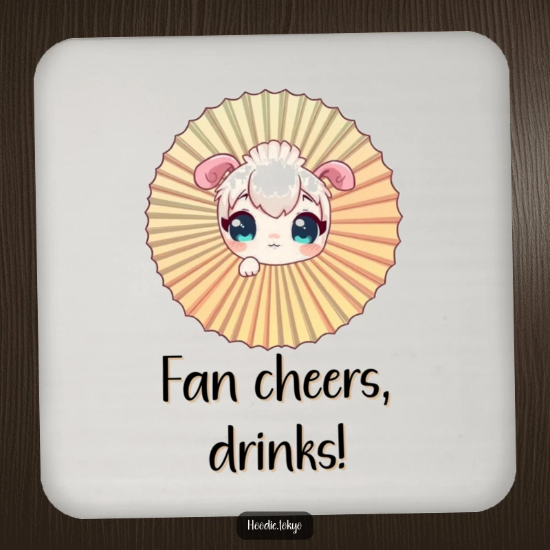 Funny curious character coaster, depicted peeking through a large fan.
