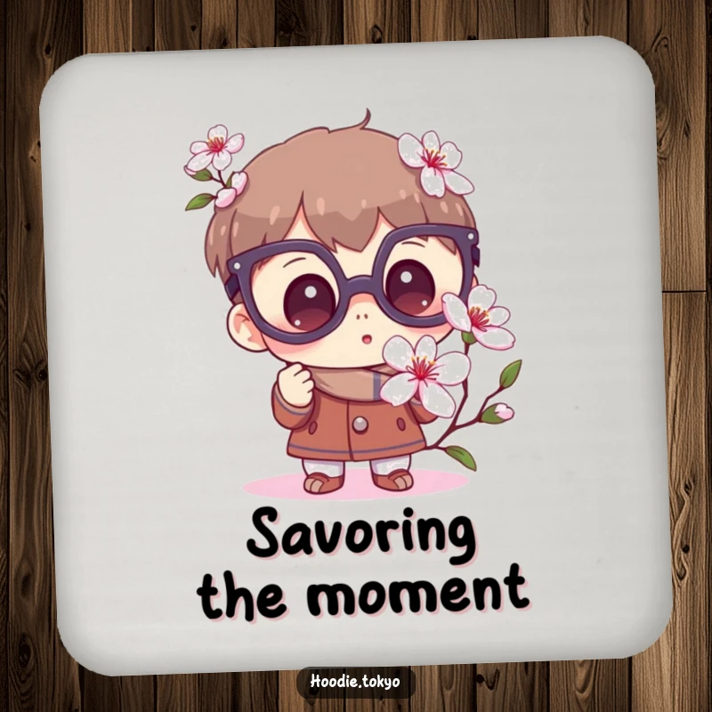 Funny Curious Coasters: A set featuring a character with big glasses examining a sakura flower with wonder.