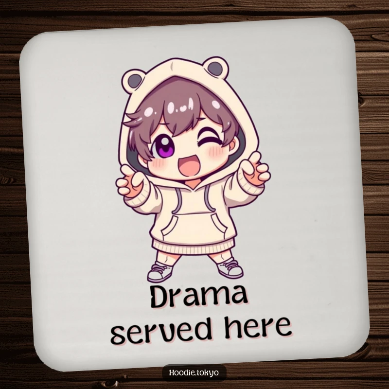 Funny coaster with a cute character in a fashionable hoodie, striking a dramatic and excited pose.
