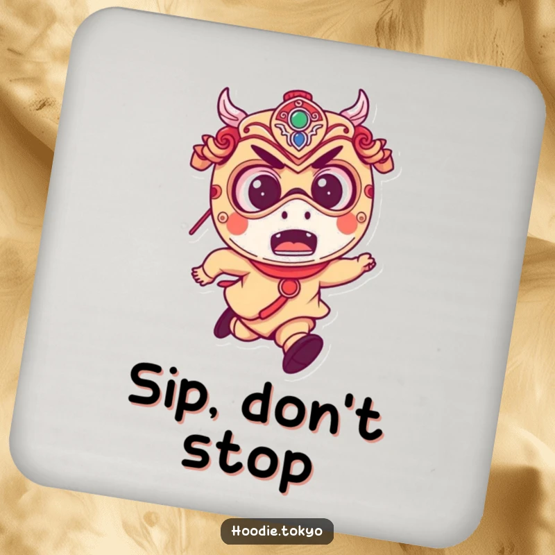 Funny drink coaster featuring a mischievous character with excited eyes, wearing a Japanese festival mask and running.