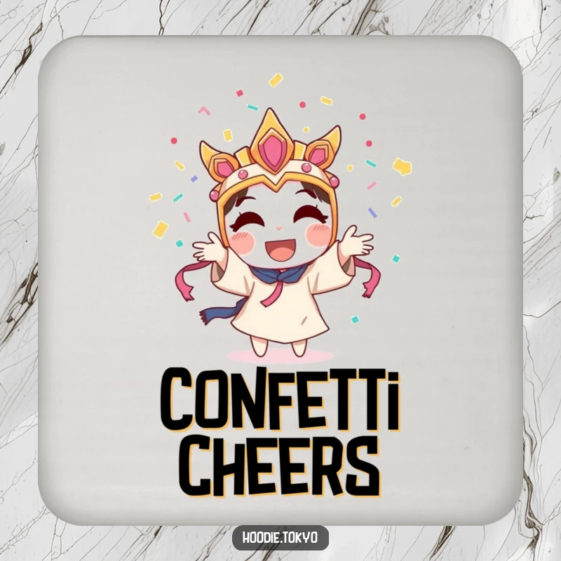 Funny character wearing a festival mask, joyfully throwing confetti into the air, humorous coasters for drink protection.