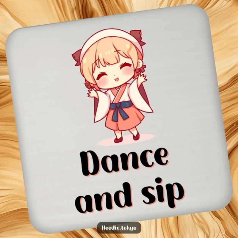 Funny playful character in traditional Japanese attire doing a silly dance, decorative drink coasters, fun table protection.