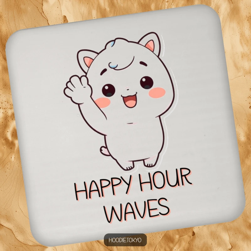 Funny Kawaii character with a big smile giving a cheerful wave on coasters, providing happy protection with humor.