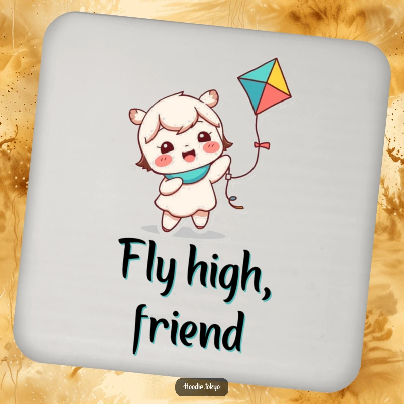 Funny kawaii character drink coasters showing a cute character giggling while holding a colorful kite, protecting surfaces with fun.