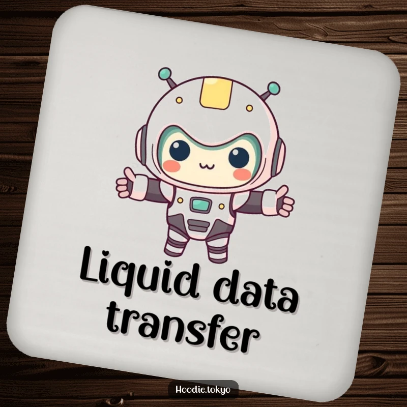 Funny kawaii character in a tiny robot costume, arms outstretched, on a drink coaster. Adds humorous sci-fi flair to tabletops.