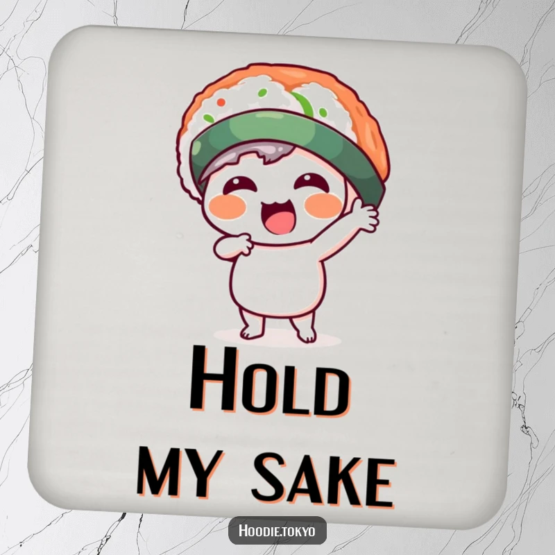 Funny kawaii character in a silly sushi hat, striking a dynamic pose on a drink coaster. Protects surfaces with humorous flair.