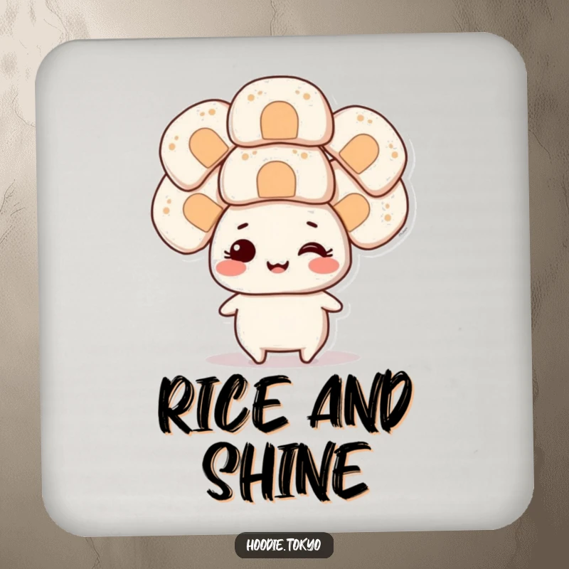 Funny smiling character balancing several oversized onigiri on its head, humorous coasters for drink protection.