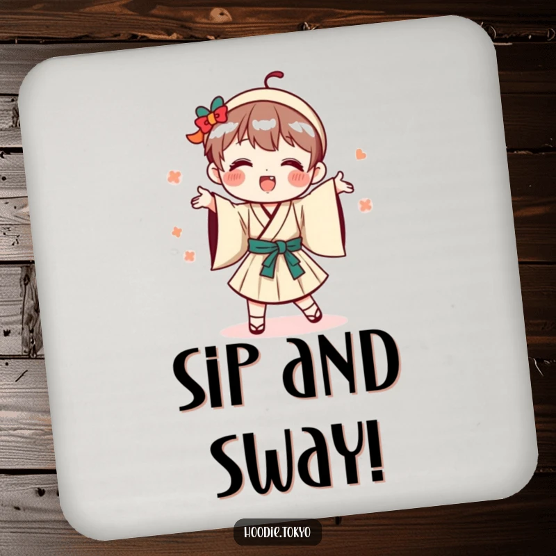 Funny playful Japanese character coaster, depicted doing a silly dance in traditional Japanese clothing.