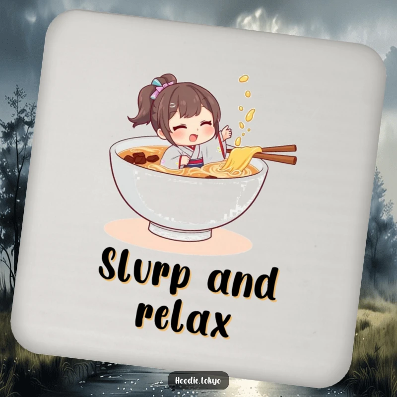 Funny character in a tiny kimono playfully splashing in a bowl of ramen, humorous coasters for drink protection.
