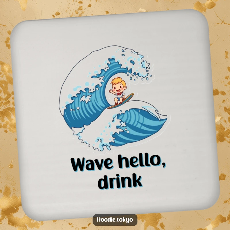 Funny coaster featuring a character joyfully surfing a stylized wave, adding humor and protection to surfaces.