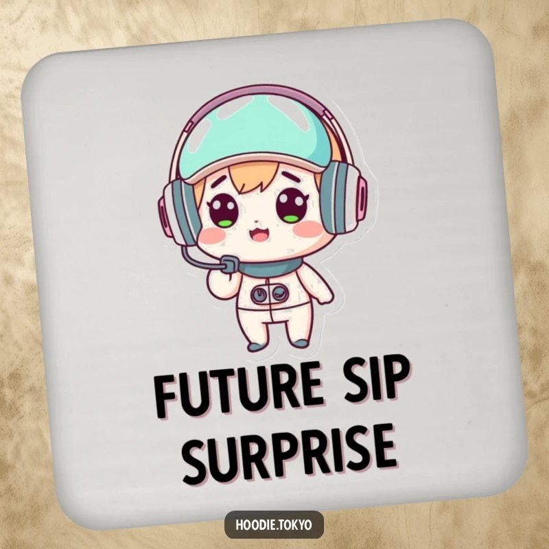 Funny kawaii character coaster, surprised expression, wearing a futuristic headset, cute drink accessory, humorous table protector.
