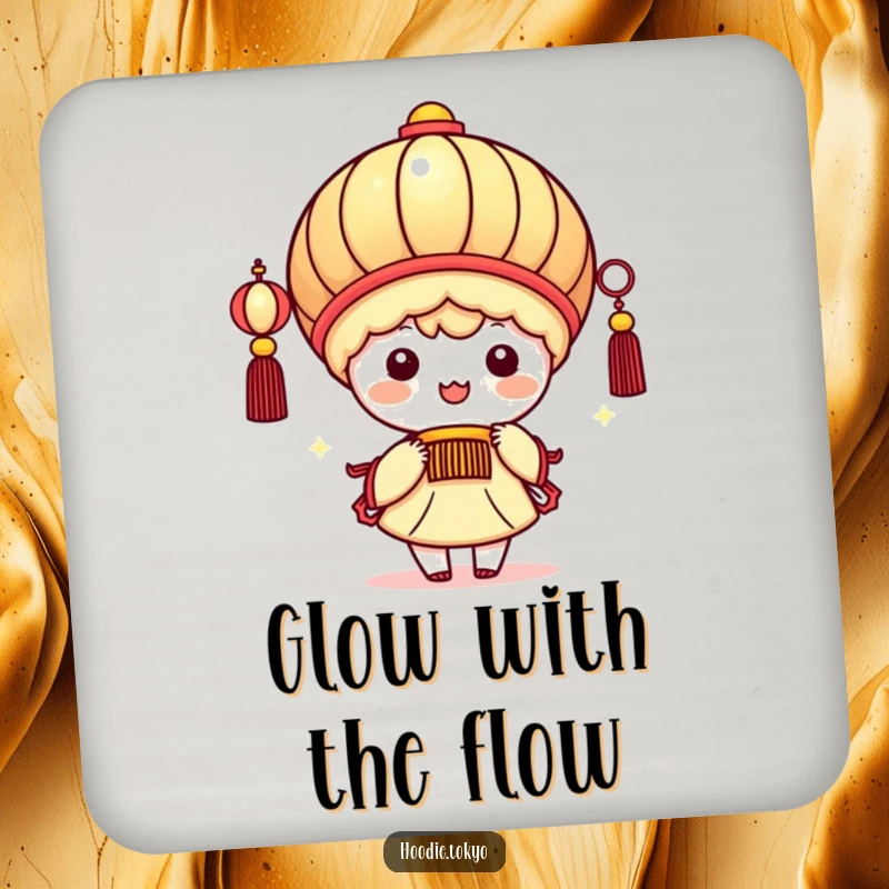 Funny kawaii character holding a giant festive lantern, beaming brightly, cute drink coasters for table protection.