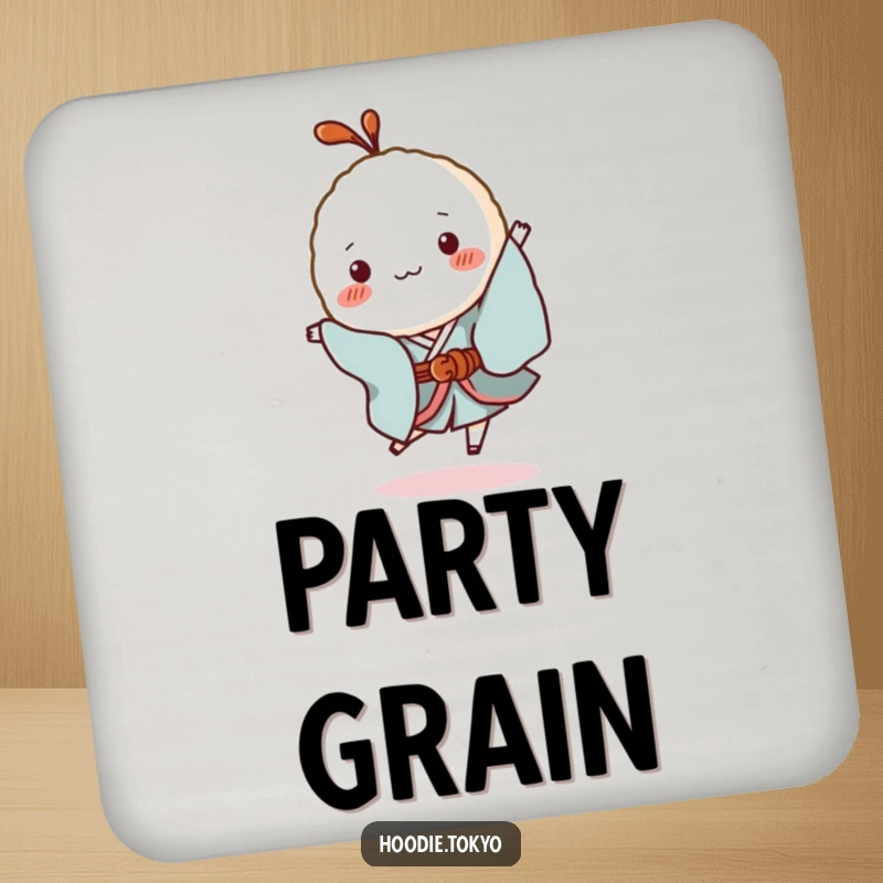 Funny Rice Ball Kimono Coaster: A protective coaster featuring a tiny rice ball character in a kimono hopping playfully, adding a touch of cuteness.