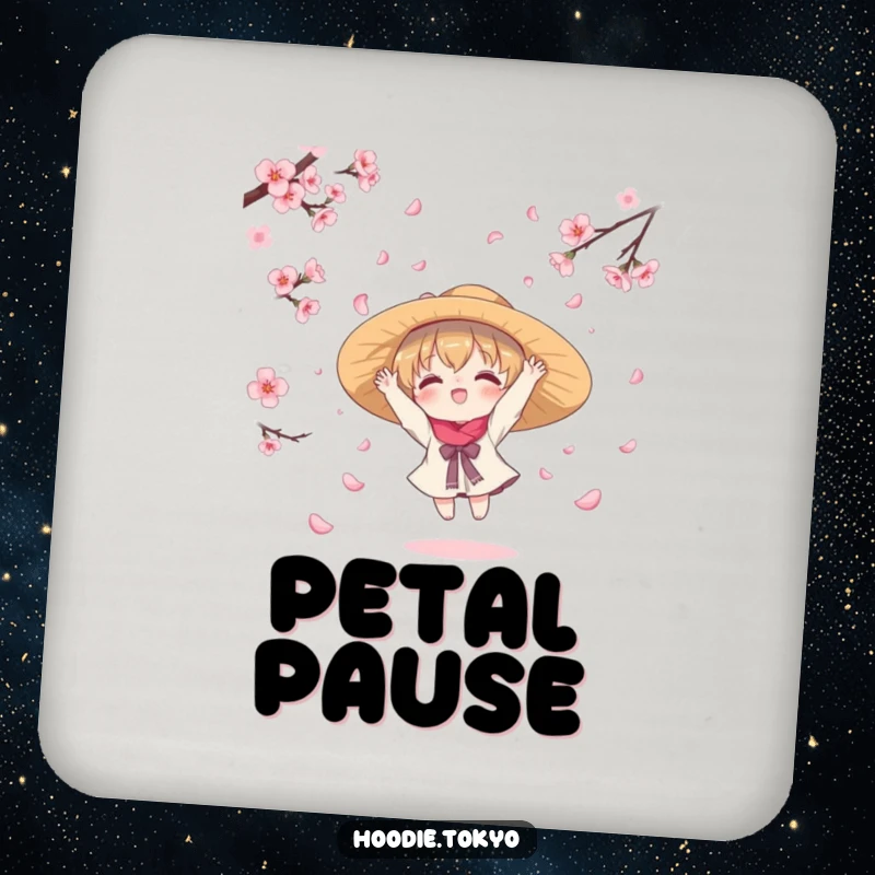 Funny coaster set showcasing a kawaii character in a hat, joyfully catching falling cherry blossom petals, protecting surfaces with whimsical flair.