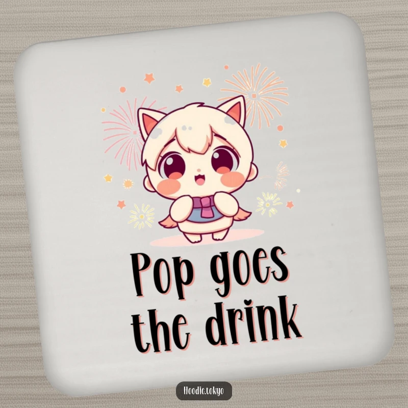 Funny Kawaii character with wide, excited eyes watching a fireworks show, protecting surfaces with this humorous coaster set.